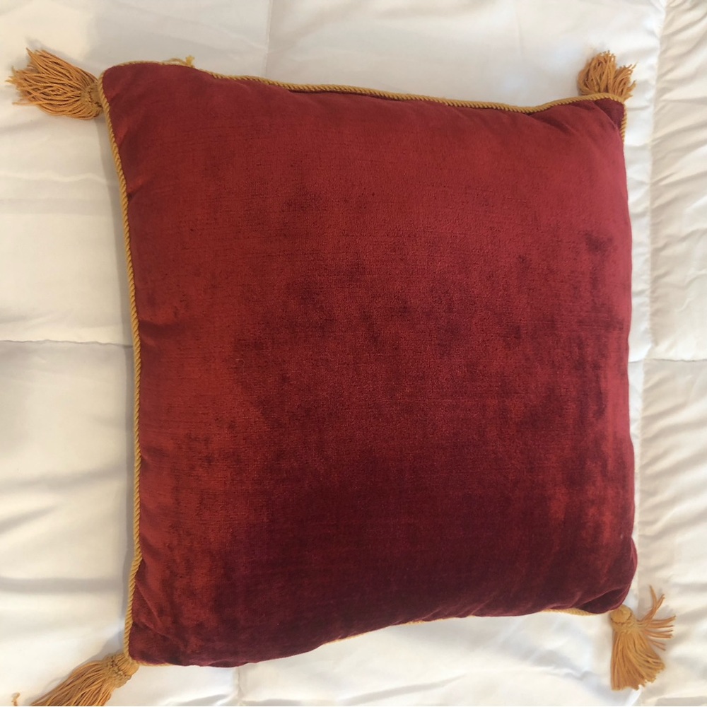 Red Velvet Square Pillow with Gold Tassels plus a leopard pillow
